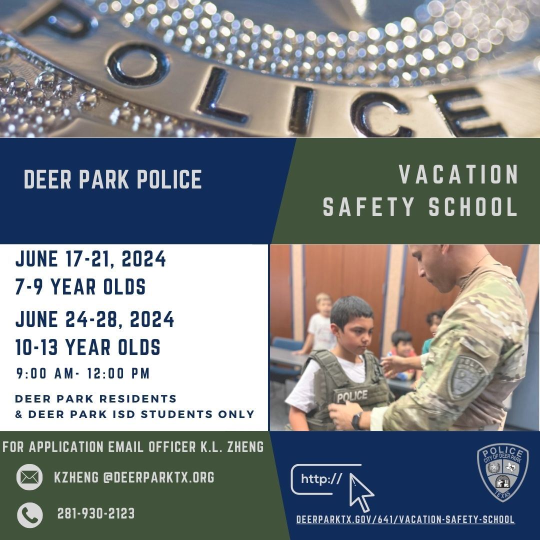 Picture of a police officer and a child. Deer Park Police Vacation Safety School